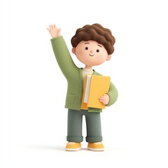 Curious Boy Raises Hand Holding Book In3DIllustration Smiling Brightly