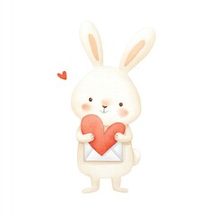 Adorable Watercolor Bunny Holds Heart and Letter,Sweet Valentines Day Clipart Image