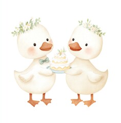 Adorable ducklings, adorned with floral crowns, joyfully share a delectable tiered cake, a scene of pure delight.