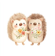 Adorable Watercolor Hedgehogs Sharing Flowers, a Sweet Springtime Scene of Friendship and Joyful Celebration