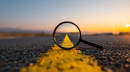 A Magnifying Glass Focusing on a Yellow Road Line Leading Towards a Distant Sunset Horizon
