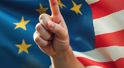 teen leadership sports concept. Hand gesture with European and American flags in the background.