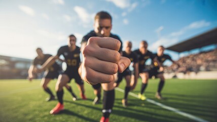 teen leadership sports concept. Team of soccer players celebrating with a clenched fist in focus.