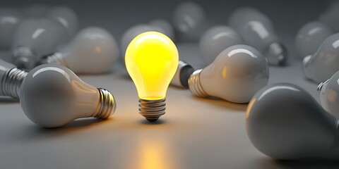 Bright yellow lightbulb glowing with a brilliant idea, standing out from a crowd of dull white bulbs