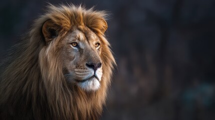 Naklejka premium World Lion Concept. Majestic lion with a flowing mane in a dark background.