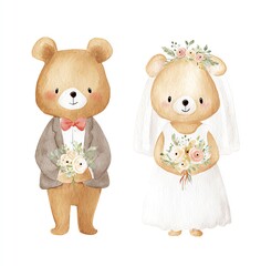 Adorable Watercolor Bears in Wedding Attire, Holding Bouquets, Celebrating Love