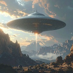 A silver, disc-shaped UFO hovers over a desert landscape with rocky mountains under a sky filled with clouds during a golden sunset or sunrise