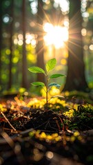 Sapling emerging in dappled light. The young plant grows amidst forest floor leaves, backlit by sun rays
