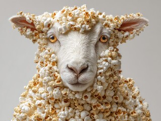 A creative and funny studio portrait of a fluffy sheep whose fleece is made entirely of popcorn