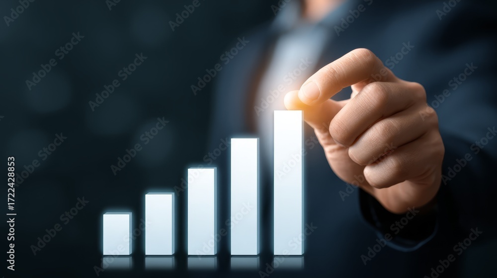 Poster analyzing business growth, person pointing to a bar chart showing positive progress and success.
