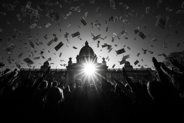 Money background. Hundred dollars of America. USA dollar cash money flying on air.