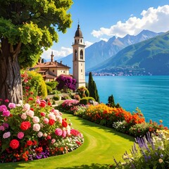 Lush garden blooms towards a lake with mountains beyond. A bell tower rises near a villa. Bright colors, sunny skies. Lawn is neatly mowed