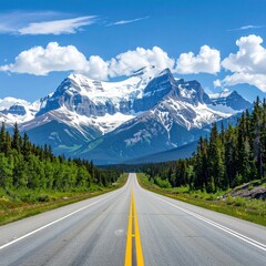 Fototapeta premium Straight asphalt road leads to a snow-capped mountain peak under a blue sky dotted with fluffy white clouds, flanked by green forest