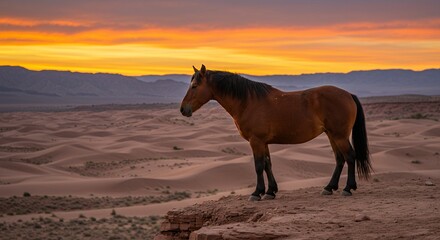 Solitary horse at sunrise in desert