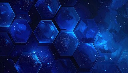 Abstract background featuring a pattern of interconnected blue hexagons and subtle white dots, resembling stars or cosmic dust