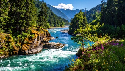 A rushing river flows between mossy rocks & verdant forest under a clear blue sky, with mountains visible in the distance