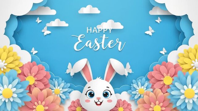 Cute Easter Bunny with Large Eyes Surrounded by Colorful Paper Flowers and Butterflies in Festive Scene