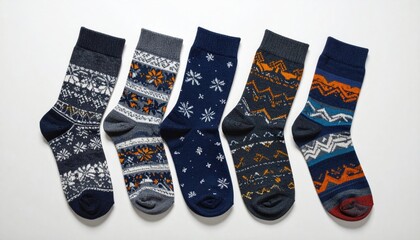 Five patterned winter socks aligned on a white surface, each having a unique design and color scheme, photographed from a top-down perspective
