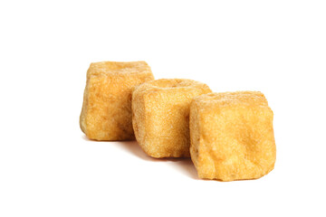 Fresh Golden Fried Tofu Cubes on White Background for Cooking and Recipe Photography