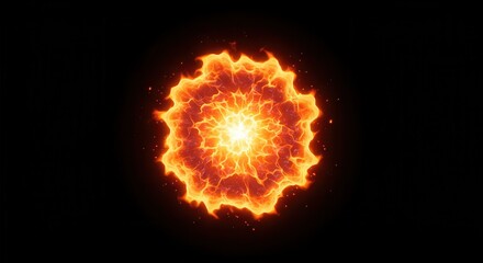 A vibrant, circular burst of orange-red flames radiates outward from a central point against a dark backdrop.