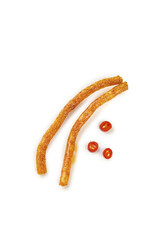 Handmade Dried Chili Pepper Sticks and Red Chili Flakes on White Background