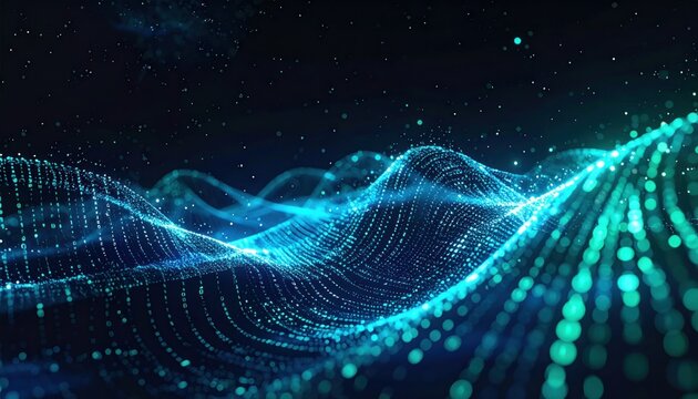 Digital turquoise wave pattern, comprised of glittering points on a dark background. Light shines upon the crests, creating a sense of depth