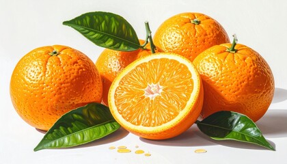 Vivid oranges, whole and halved, surrounded by glossy leaves, set against a bright white backdrop. Fresh, ripe and zesty
