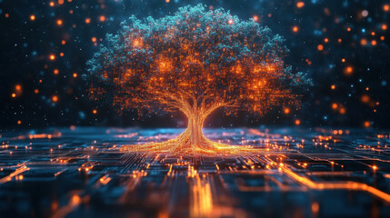 vibrant digital tree grows from a glowing circuit board, blending nature and technology