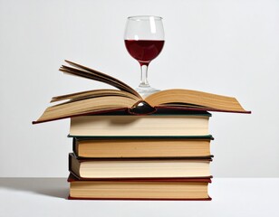Stack of books with open volume on top, topped by a stemmed glass filled with dark red liquid on a white surface
