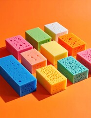 An array of multi-colored, porous sponges arranged diagonally on a vibrant orange surface, casting soft shadows. Minimalist, clean composition