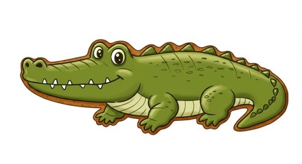 Fototapeta premium A cheerful, cartoon crocodile, depicted in bright green and outlined with a light brown border, rests in a simple, clean illustration.