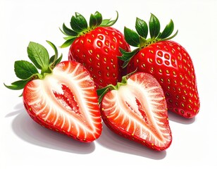 Four ripe strawberries, one sliced open showing inner detail and vibrant red and white. Green stems/leaves add a fresh, natural contrast
