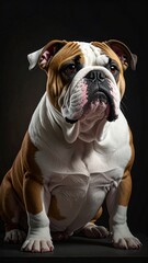 Majestic English bulldog portrait. Brown and white fur, wrinkled face, alert eyes, isolated against a dark, smooth backdrop in a vertical format