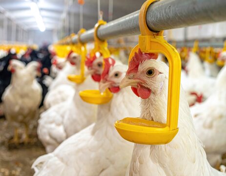 Chickens, white and black, lined up in a bright, indoor poultry farm, heads facing forward, drinking from bright yellow hanging drinkers