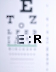Blurry eye chart with bold "ER" letters centered, suggesting vision test or clarity concepts with focus on limited letters