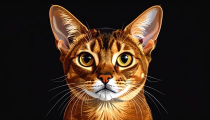 Vibrant digital portrait of an Abyssinian cat head against a stark black background, showcasing its striking amber eyes and patterned fur