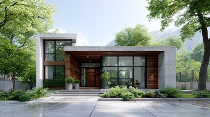 Modern Home Exterior with Concrete and Wood Facade Surrounded by Lush Greenery on a Bright Sunny Day