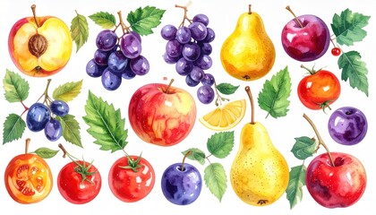 A vibrant watercolor painting featuring a colorful assortment of fruits and leaves, showcasing a variety of shapes and textures on white