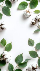 White cotton bolls & green leaves are arranged on a white surface, creating a delicate, natural border around a central empty space