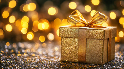 Christmas gift box with golden ribbon and blurred sparkling holiday lights background