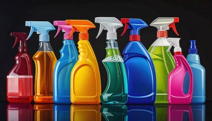 Row of colorful plastic spray bottles filled with cleaning products against a dark background, creating a vivid display of shapes and colors