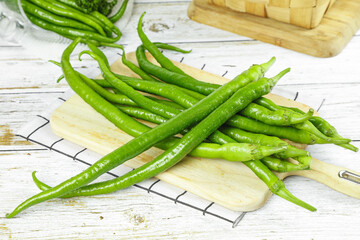Fresh Green Chili Peppers Farm-Picked on Wooden Cutting Board Kitchen Food Photography