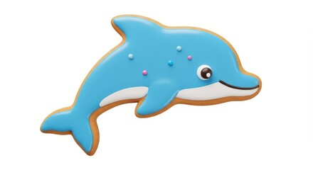 Fototapeta premium A delightful, stylized dolphin-shaped gingerbread cookie, decorated with vibrant blue icing and colorful sprinkles, positioned against a plain white background.