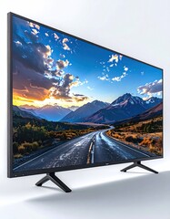 A large, modern television displays a vibrant mountain scene under a vivid sunset sky, set against a stark white background