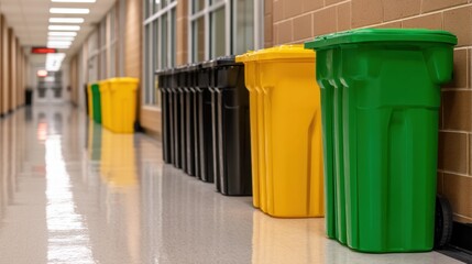 Colorful trash bins in a school hallway representing recycling and waste management.