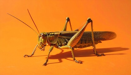 A green grasshopper, detailed with brown markings, perched on a solid orange backdrop with cast shadows, captured in clear macro detail