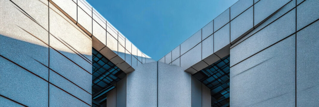 The exterior wall of a contemporary commercial style building with aluminum metal composite panels and glass windows