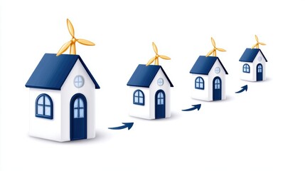 Naklejka premium Illustration of eco-friendly houses with wind turbines, showcasing renewable energy and modern sustainable living.