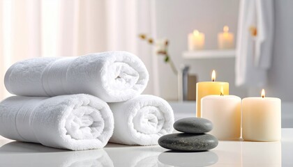 Tranquil spa scene featuring neatly stacked white towels, smooth dark stones, and glowing candles against a blurred, bright background