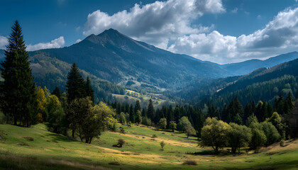 hillside of mountain range with coniferous forest and grassy meadow blue sky with cloud sunny day in spring trees on the green hill